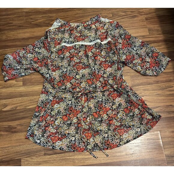 American Rag Cie Plus 2X Floral Boho Peasant Blouse Sheer Lace Yoke Button Front - Picture 13 of 15